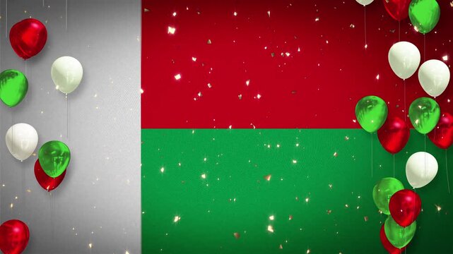 Loop, winner, award, Madagascar flag, national flag, celebration, event, soccer, football, petanque, rugby, background, introduction, confetti, red, white, green, balloons, copy space, Madagascar