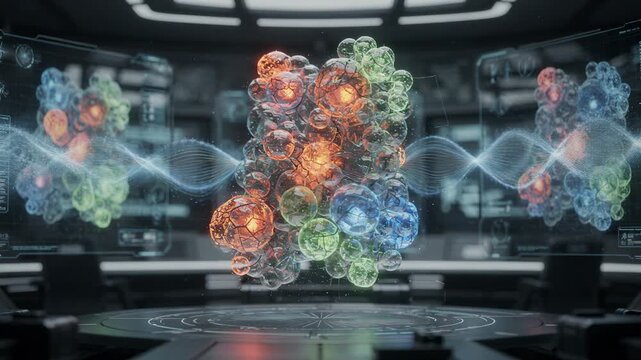 Medium shot focused on digital twin interface showing organic units in upset conditions highlighting alerts and fluctuating data patterns on the 3D model screens