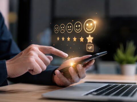 Customer Satisfaction Rating: A close-up shot shows a person's hand holding a smartphone, with their finger pointing at a digital interface displaying a satisfaction rating scale.