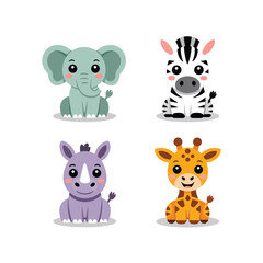 Fototapeta premium Savanna Baby Animals With Elephant Zebra Rhino And Giraffe, Cute Style, Sticker Pack, Flat Vector Icons, Clipart Collection, Decorative Elements