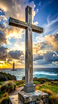 Large wooden cross stands atop a coastal bluff against a dramatic sky with a lighthouse in the distance