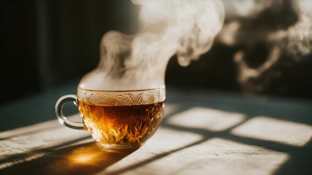 A clear teacup with golden liquid and rising steam against a blurred backdrop, lit by sunlight