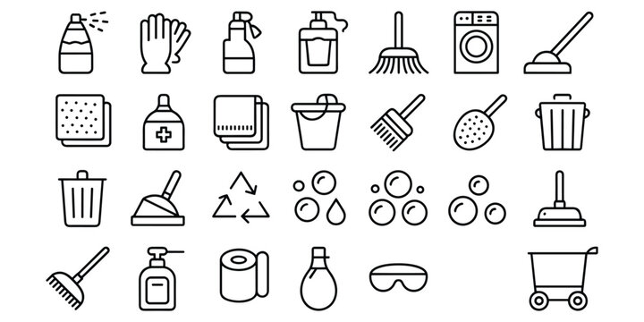 Set of cleaning tools and supplies for home hygiene, detailed icons.