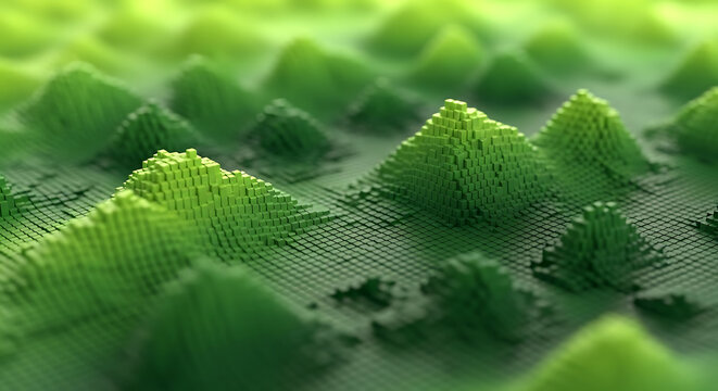 Digital green point cloud landscape representing a 3D topographic map and virtual terrain for high tech data visualization and analysis with landscape visualization technology topographic mountain