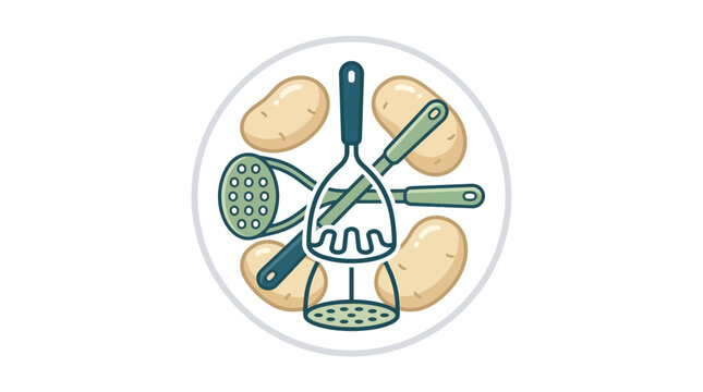 Illustration of potato mashers and raw potatoes arranged in a circular composition.