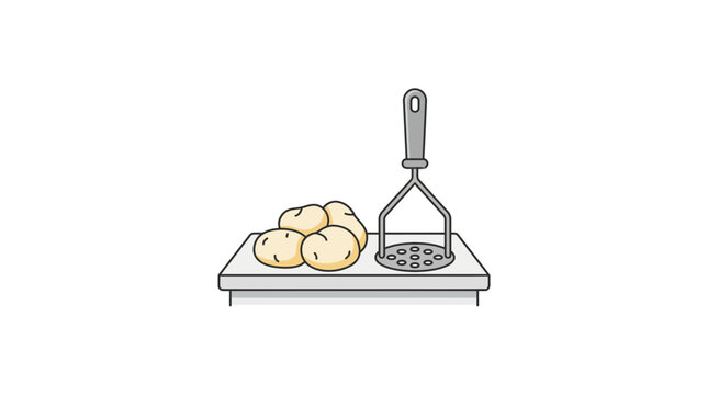 A hand drawn illustration of a potato masher and several potatoes on a cutting board.