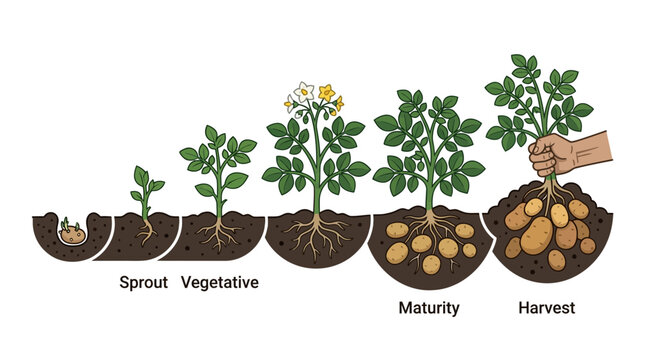Illustration showing the complete life cycle of a potato plant from sprout to harvest.