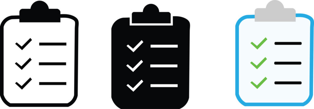 Clipboard icons with checklists in different colors and styles for business and design use  simple vector graphics for various applications