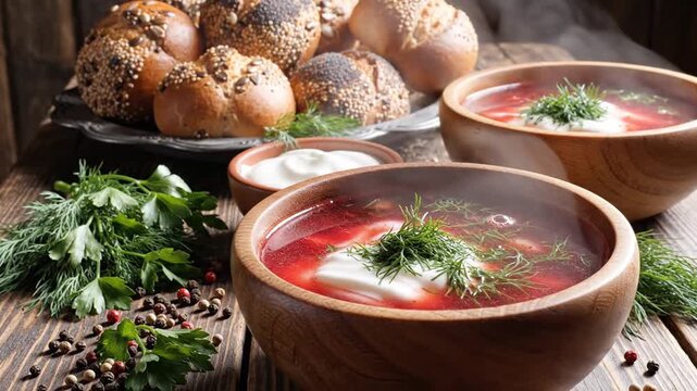 Red beet borscht soup with sour cream and bread rolls