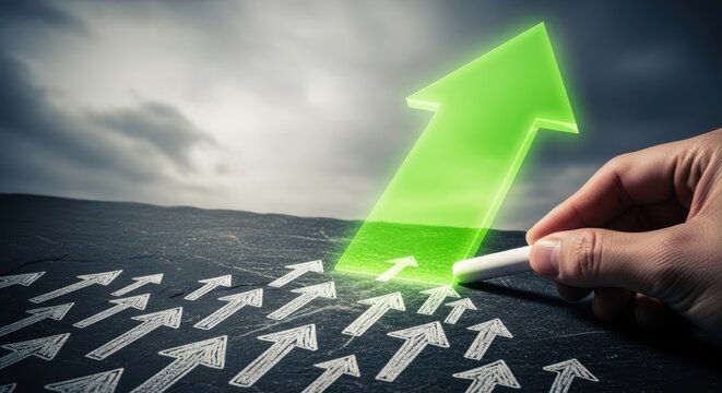 Hand drawing glowing green arrow chart on blackboard with business financial marketing