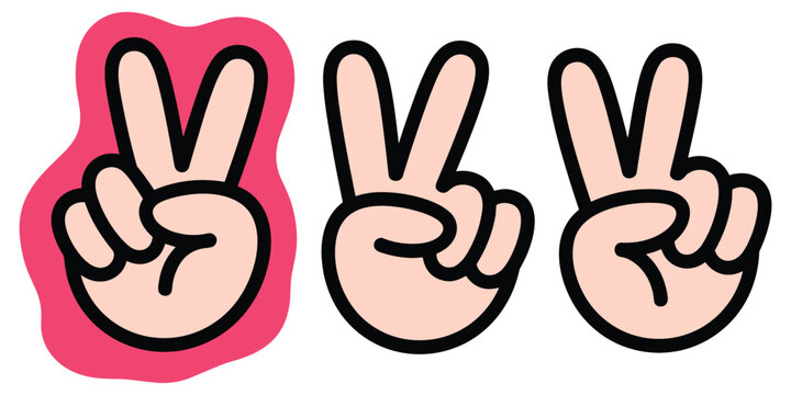 Hand peace sign gesture stickers with v shape fingers and colorful pink border outline illustration