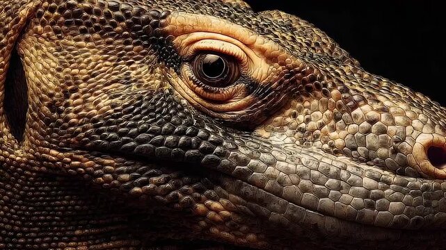 Close-up of reptile's eye and scales, displaying texture and intricate patterns