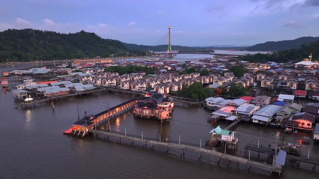 Kampong Ayer, The oldest Traditional Stilt Village in Brunei Darussalam. Bandar Seri Begawan, Borneo Island, Aerial