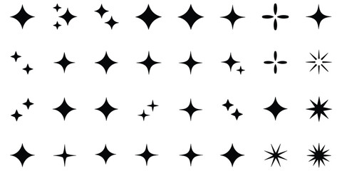 Sparkle star icon set vector isolated black shiny sparkles collection glittering glow effect symbol © MdOmar