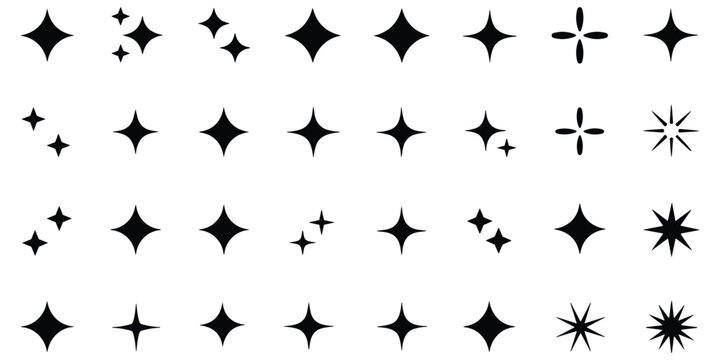 Sparkle star icon set vector isolated black shiny sparkles collection glittering glow effect symbol