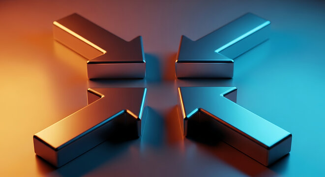 Four metallic 3D arrows pointing inward to a central focal point with cinematic lighting convergence metallic strategy collaboration direction lighting abstract business leadership together