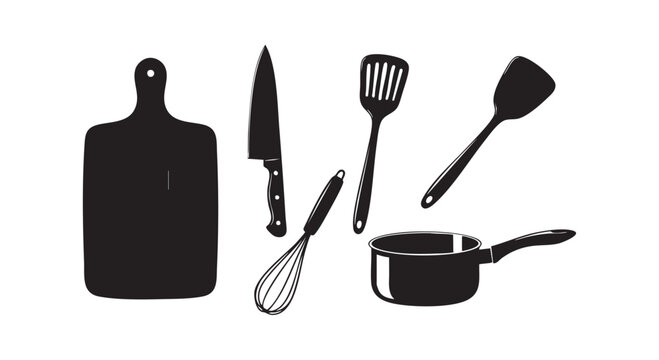 Culinary tools set including cutting board knife whisk pot spatulas vector illustration on white.