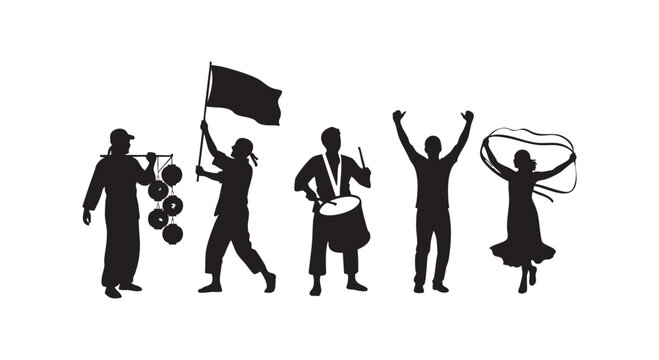 Cultural festival performers silhouettes showing people dancing with flags playing drums and carrying lanterns for events.