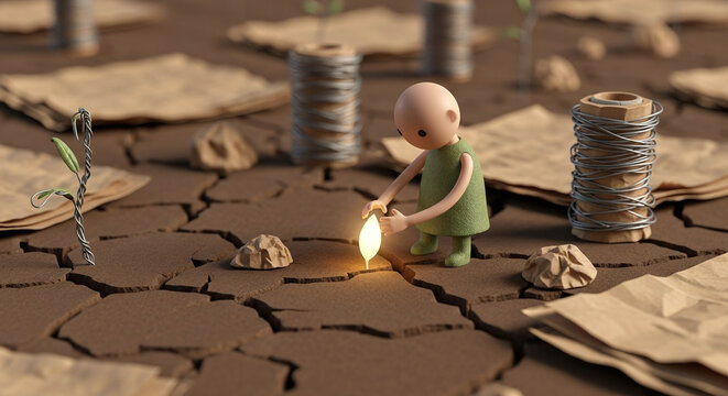 Tiny figure planting a glowing seed in dry parched cracked earth