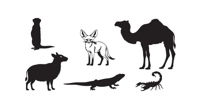 Desert animals black silhouettes set including meerkat, fennec fox, camel, capybara, lizard, scorpion.