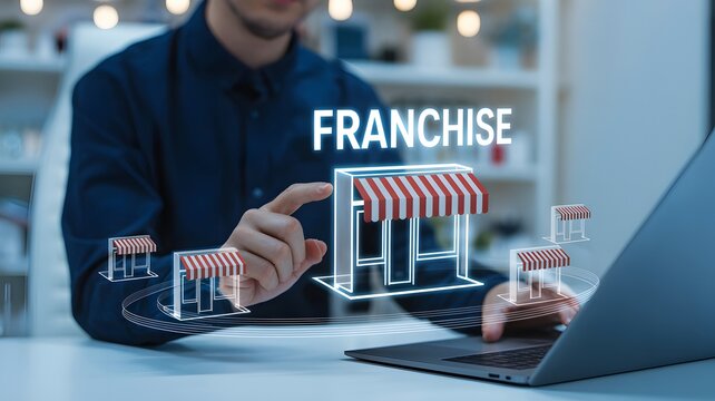 Businessman leveraging digital tools to explore and expand franchise business opportunities, visualizing growth and strategic development on a modern interface