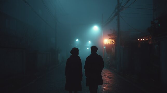 A couple walks together under streetlights on a foggy night, creating a mysterious and atmospheric urban scene.