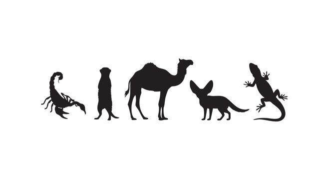 Desert animals set scorpion meerkat camel fennec fox lizard arid dry habitat wildlife.