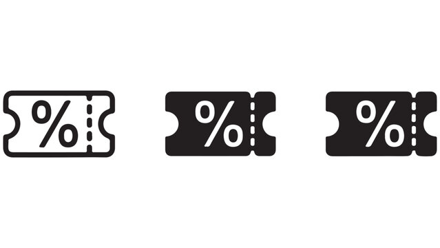 Discount coupon ticket icon set with percentage symbol in multiple styles