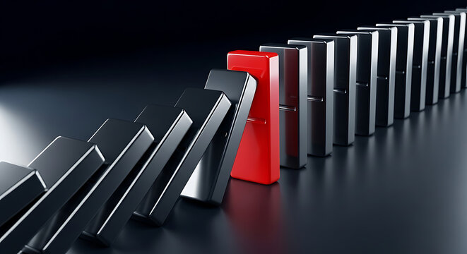 Business metaphor showing a sequence of falling black domino blocks stopped by a single upright standing red block representing leadership and risk management with reaction business strategy