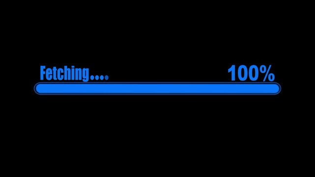 Blue fetching progress bar 100 percent complete on black background loading