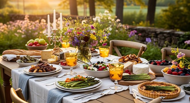 Elegant outdoor dinner party setup with floral centerpiece and candlelight in garden at sunset
