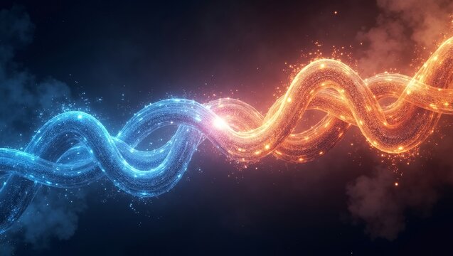 Luminous blue-orange particle DNA double helix drifting across dark misty cosmic background.