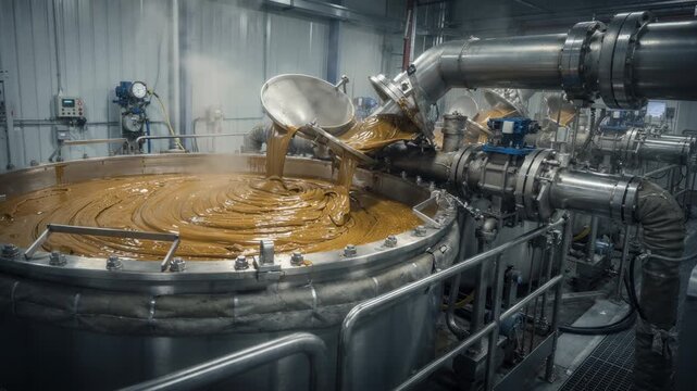 Medium shot capturing the marinegrade grease blending process with kettles combining base oils and additives highlighting robust equipment designed for harsh sea conditions