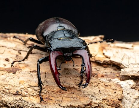 Macro shot capturing an impressive beetle with large, prominent mandibles resting on textured wood against a black background