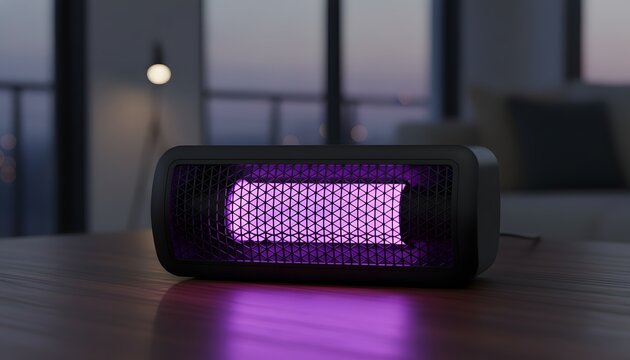 Modern purple light trap and insect zapper device on a wooden table in a living room, highlighting pest control and protection concept for modern homes
