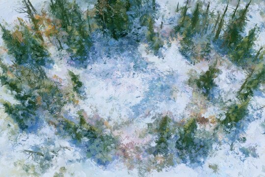 Snowy forest clearing oil painting, aerial perspective, evergreen trees, serene winter wilderness scene
