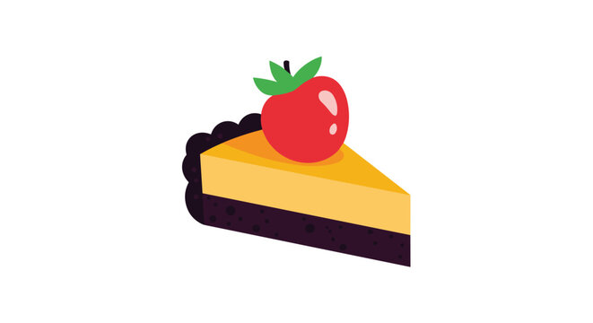 Colorful illustration of a single slice of delicious tart or pie with a chocolate crust and golden filling topped with a fresh red berry.