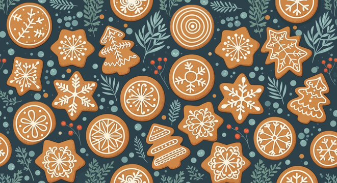 Festive Christmas Gingerbread Cookies Assortment Seamless Pattern on Dark Blue Background