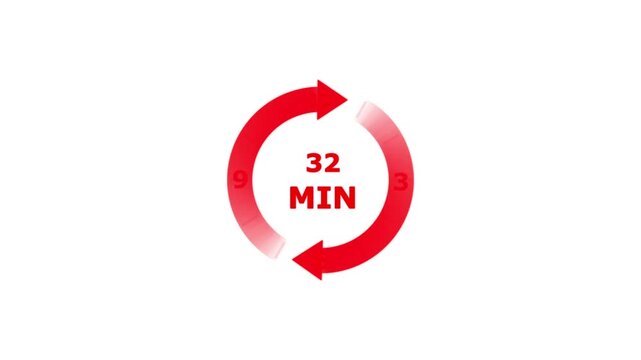 Red circular arrow timer with thirty two minutes text isolated on a white background for time management and countdown