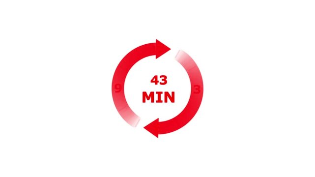 Red circular arrow timer showing forty three minutes duration isolated on a white background for time management and countdown concepts