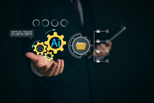 Using digital AI agents and workflow interfaces. The concept of automation with artificial intelligence (AI), machine learning, intelligent technology, business automation, coding systems