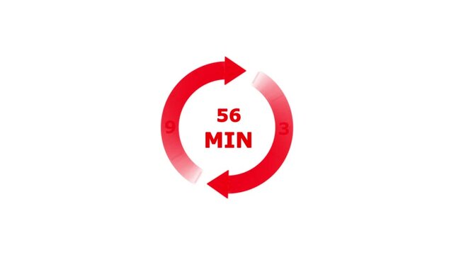 Red circular arrow timer showing fifty six minutes duration with numbers twelve six nine and three on a plain white background for time tracking