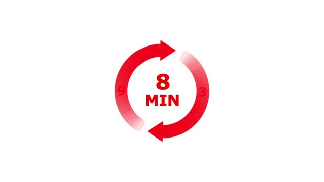 Red circular timer with eight minutes duration and arrows indicating a countdown process on a plain white background for time management concepts