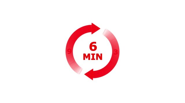 Red circular timer with six minutes duration and arrows indicating a countdown process on a plain white background for time management concepts