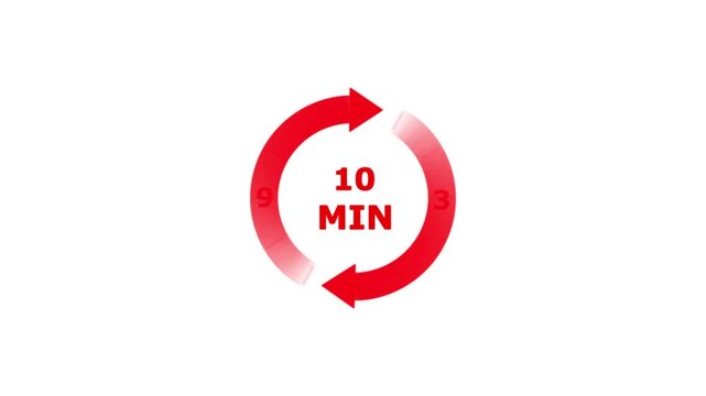Red circular timer with ten minutes duration and arrows indicating a countdown process on a plain white background for time management concepts