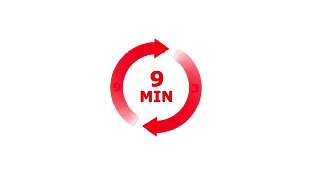 Red circular timer with nine minutes duration and arrows indicating a countdown process on a plain white background for time management concepts
