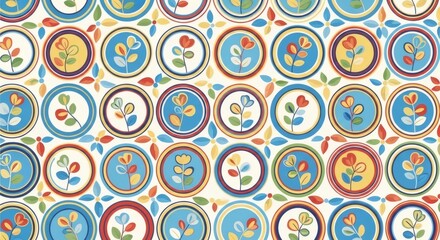 Naklejka premium Vintage Style Pattern of Colorful Circles and Flowers for International Olympic Day