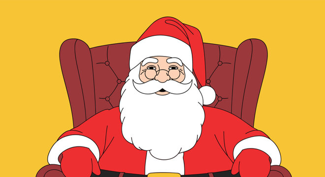 Jovial Santa Claus sitting in a comfortable red armchair against a yellow background prepares to bring Christmas joy and holiday gifts.