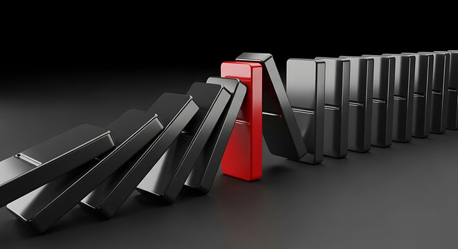 Strategic concept of falling black dominoes halted by a strong single red upright piece with standing reaction leadership resilience strength business management protection stability strategy