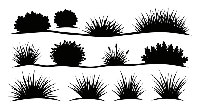 CAD tree lines Black grass, bushes, and shrubs silhouettes, landscape elements, vector graphics, 13 icons Vector